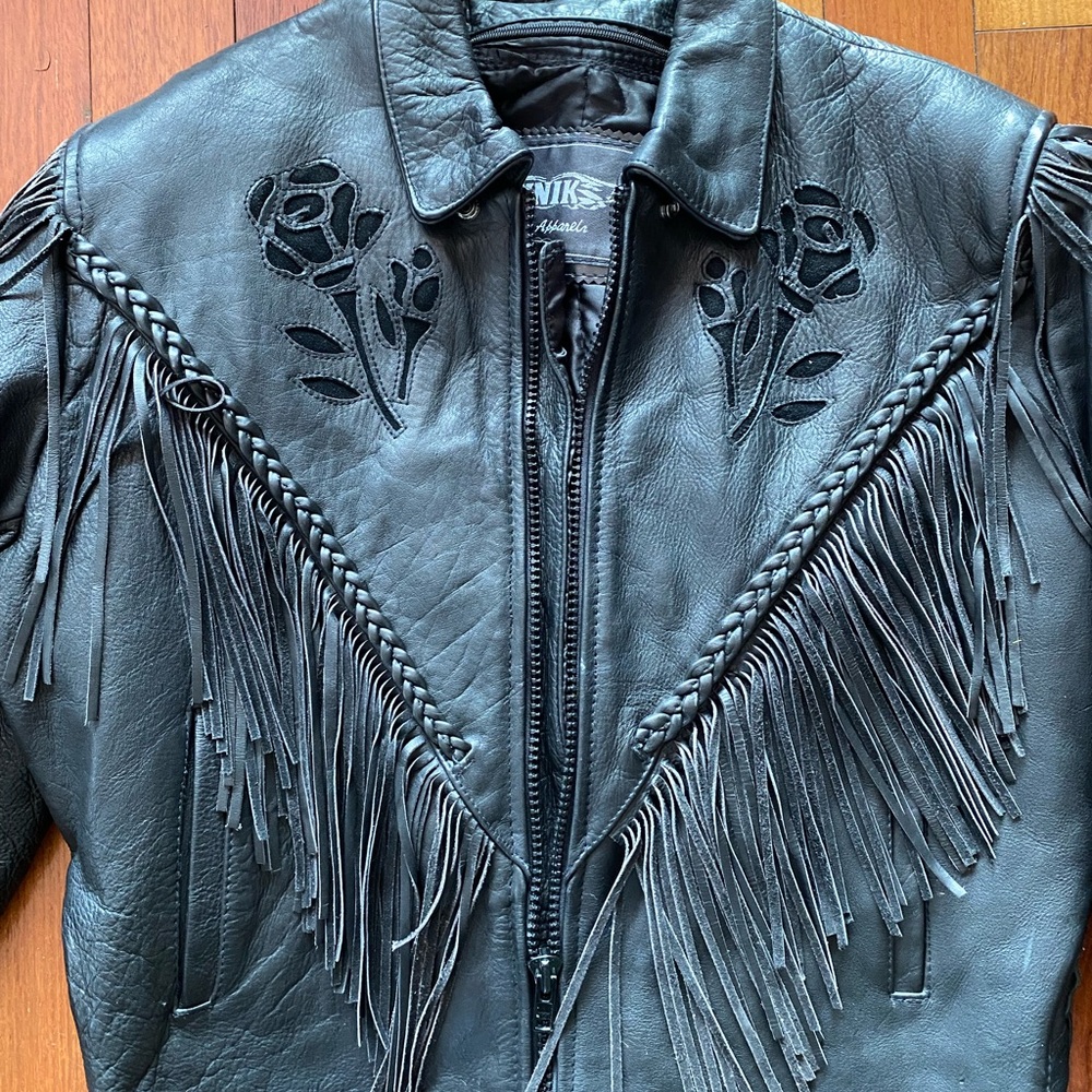 Unik Black Leather Jacket with Fringe and rose Design women’s size XXL